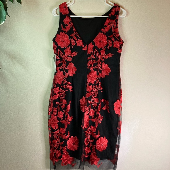 Floral Sleeveless Embroidered Mesh Sheath Black & Red - Picture 7 of 12